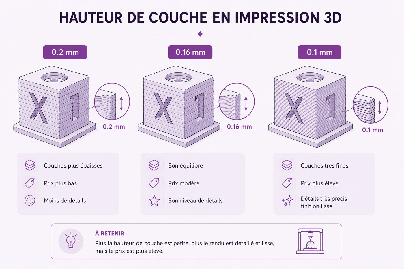 Comparatif des hauteurs de couche en impression 3D : 0,2 mm, 0,16 mm et 0,1 mm
