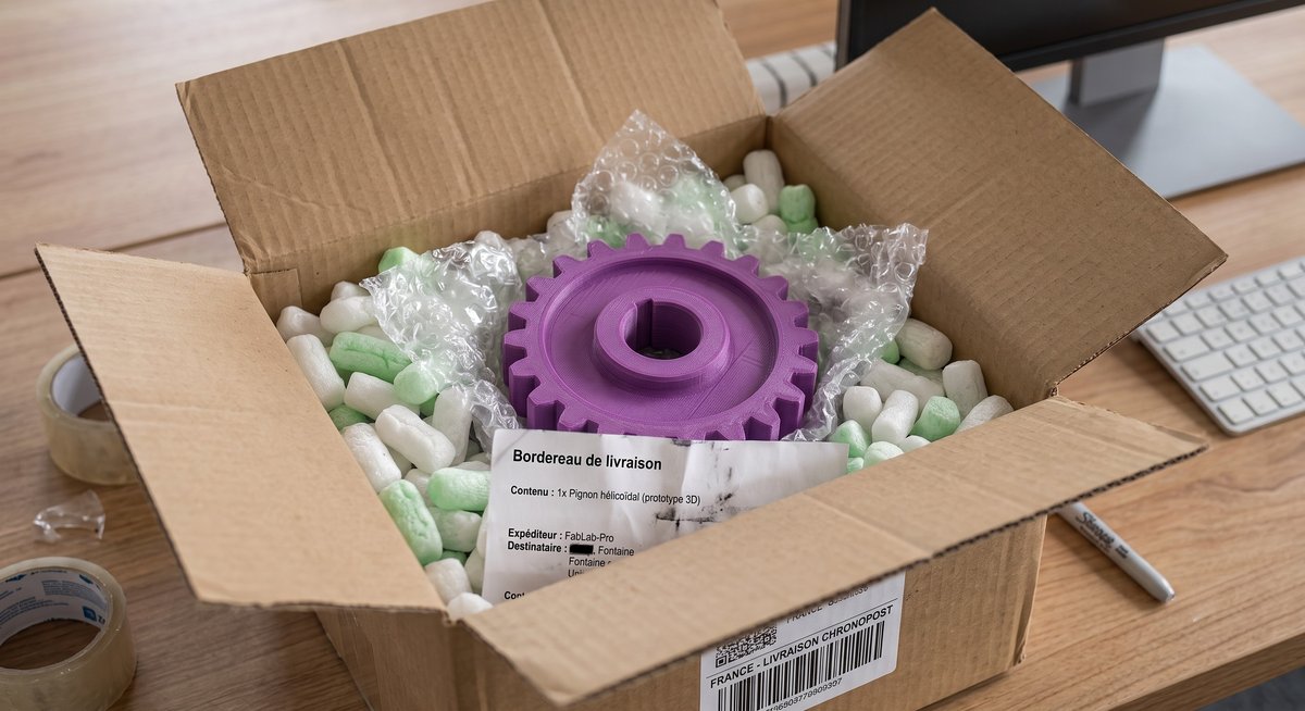 Colis contenant une pièce imprimée en 3D, prêt à être livré en France