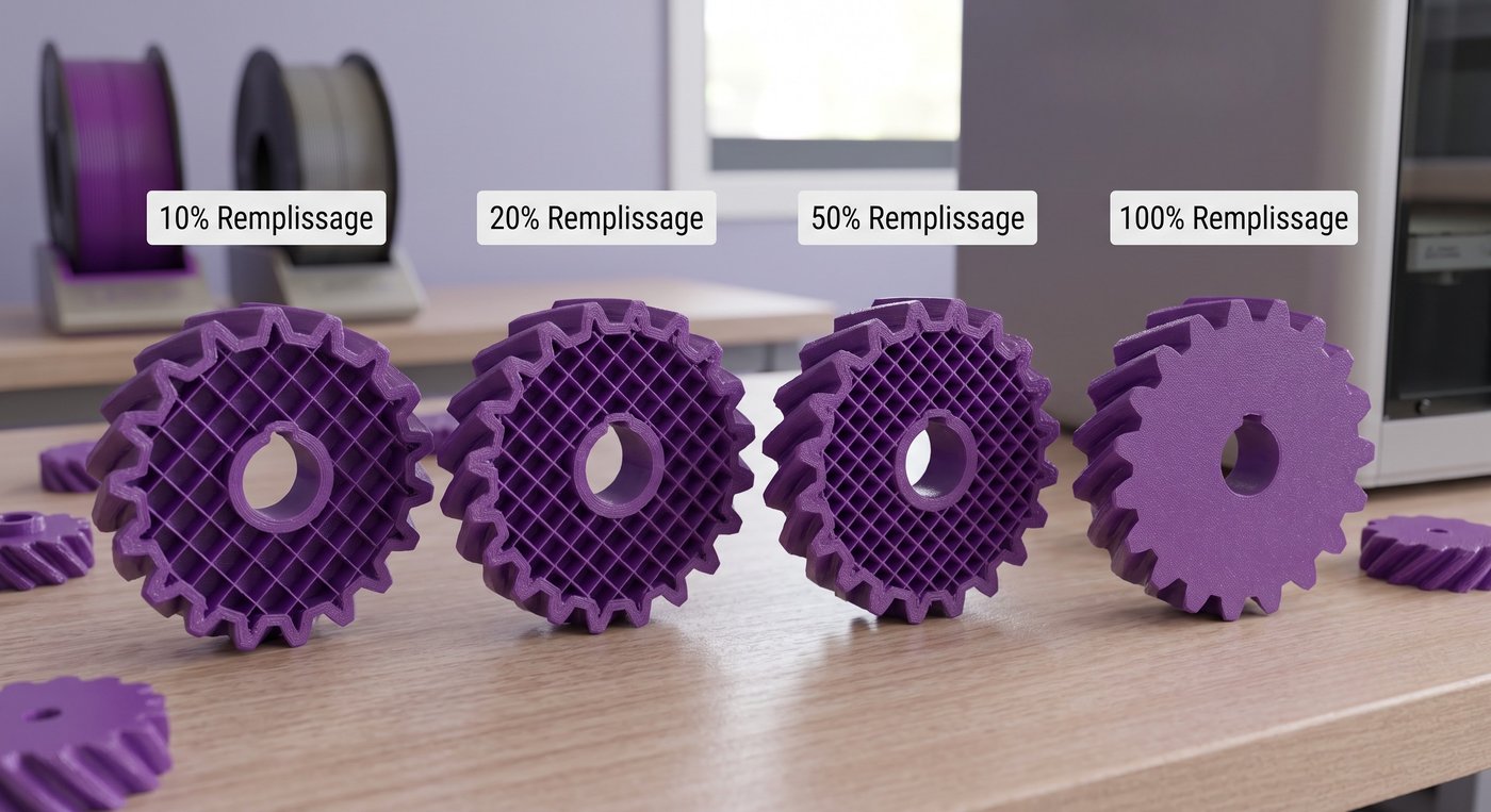 Comparatif de taux de remplissage en impression 3D : 10%, 20%, 50% et 100%