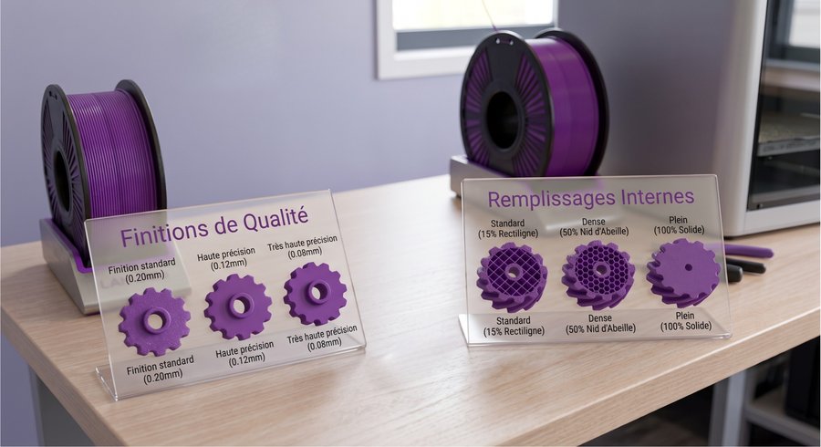 Niveaux de qualité et de remplissage disponibles pour l'impression 3D