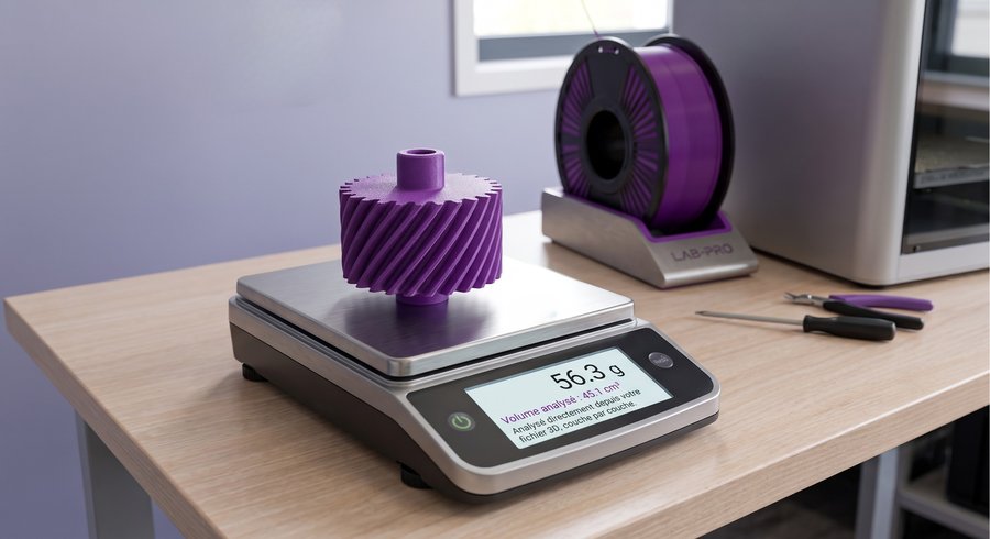 Analyse du volume de matière d'un fichier 3D, couche par couche