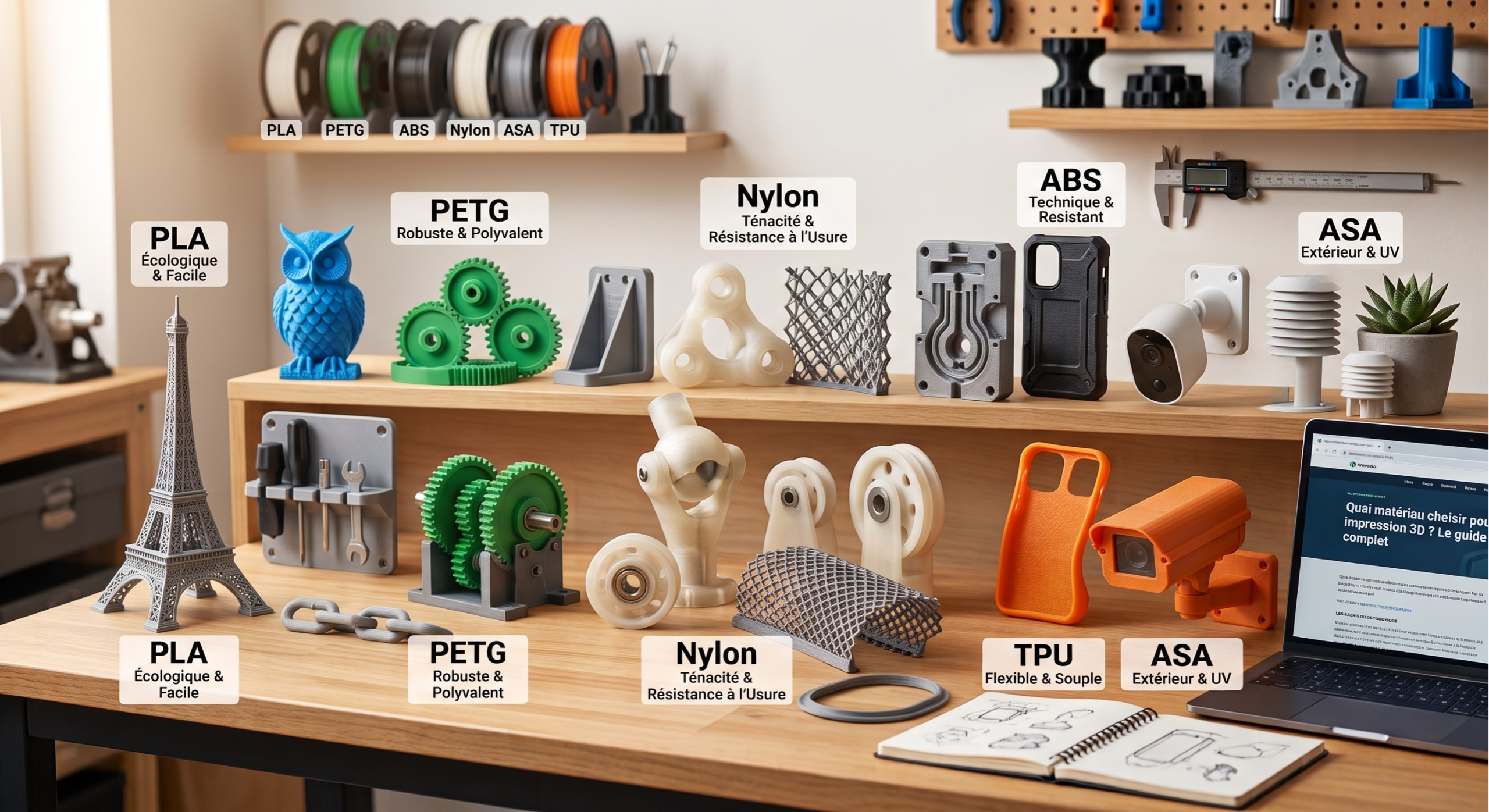 Pièces imprimées en 3D dans différents matériaux : PLA, PETG, ABS, Nylon, TPU, ASA